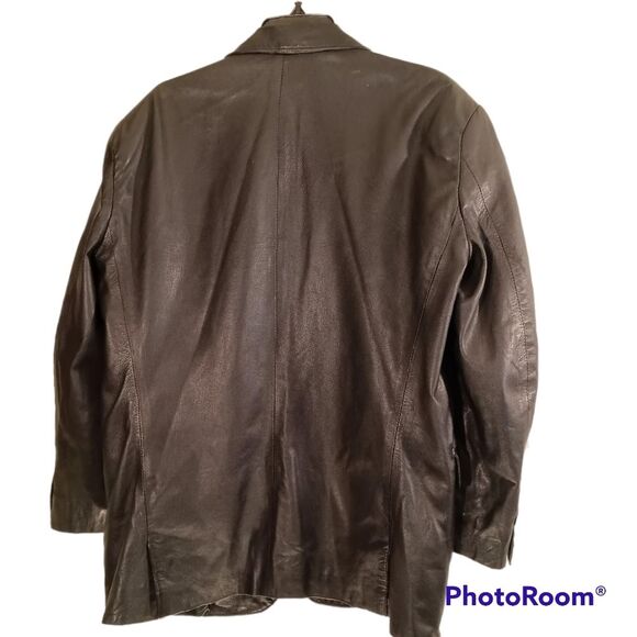 Mens Black Leather 2 Button Bomber Jacket sz M - Picture 2 of 4